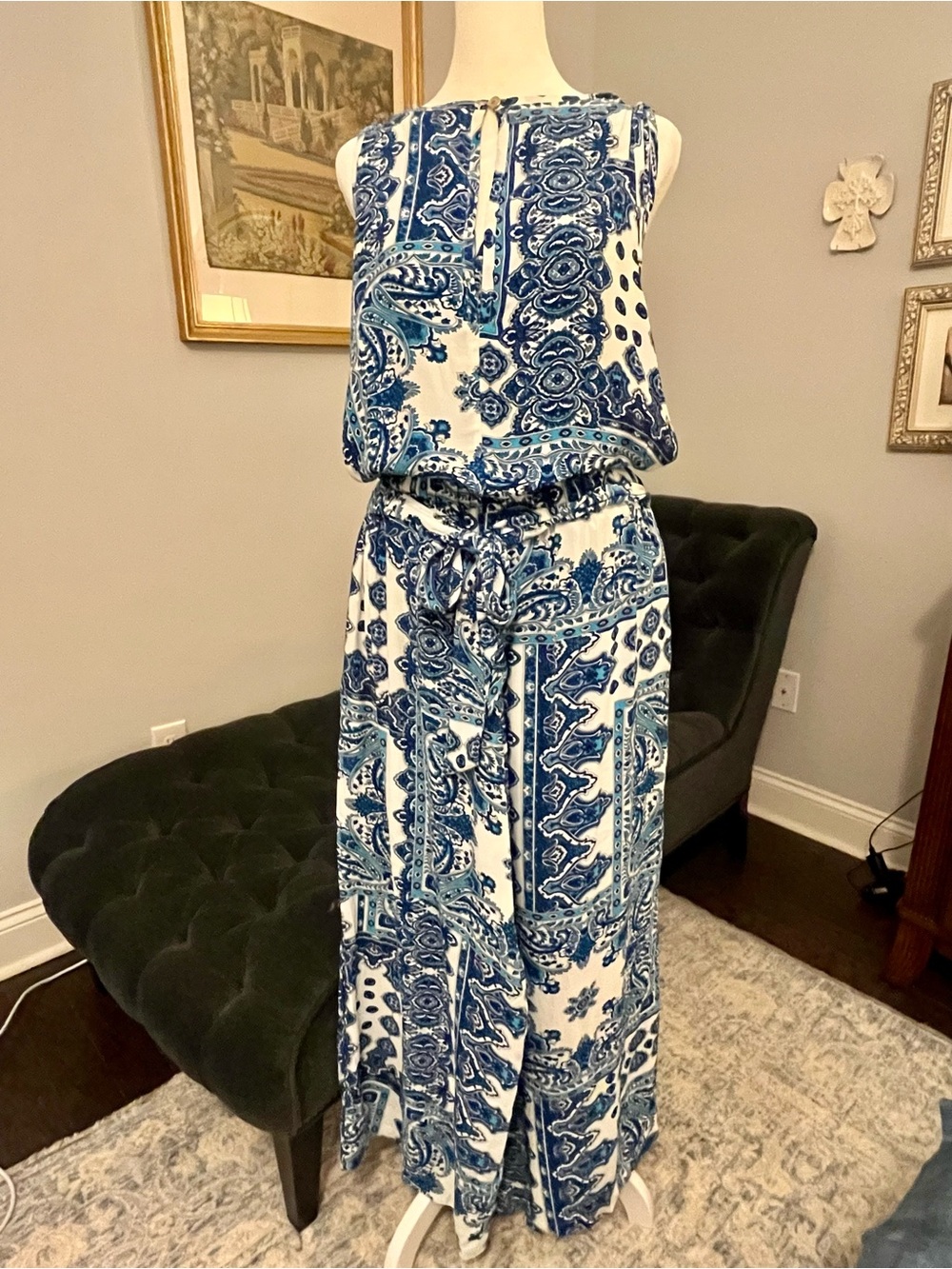 LOFT Blue, White and Turquoise Paisley Print Sleeveless Jumpsuit